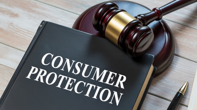 Consumer Protection Law Book with Gavel on Wooden Table