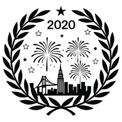 Black and white vector illustration of 2020 new year's eve