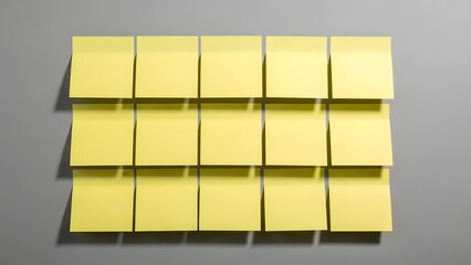 Grid of blank yellow sticky notes arranged on a gray wall background for business planning and agile brainstorming
