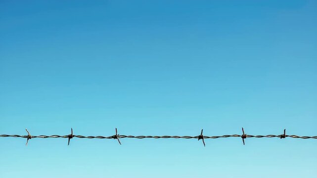 Barbed wire against clear blue sky with sharp points visible