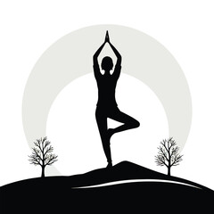 Yoga illustration, black silhouette of person in tree pose