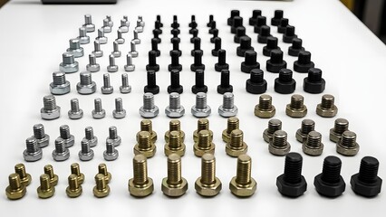 Assorted Metal Hex Bolts and Screws Arranged in Organized Grid Pattern on White Background