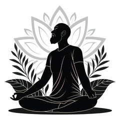 Black and white vector illustration of a man meditating in lotus