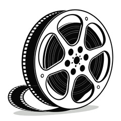 Black and white film reel with unspooled movie film strip