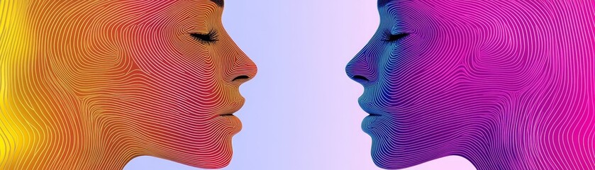 Dynamic artistic portrayal two women's faces adorned with vibrant colorful lines and abstract patterns.