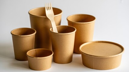Group of eco-friendly brown disposable paper cups and containers with a wooden fork, isolated on white background