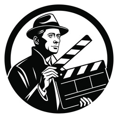 Black and white illustration of man holding film clapboard