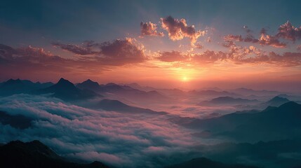 sunrise touching mountain peaks above clouds, peaceful nature scene 