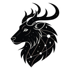 Black and white vector illustration of a goat with constellation