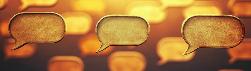 Three dimensional golden speech bubbles floating suspended by strings representing communication ideas conversation messages and conceptual thought.