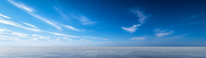 Vast expansive concrete floor under clear blue sky minimalist industrial urban space photography background.