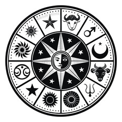 Black and white zodiac wheel illustration with astrological