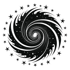 Black and white vector illustration of a spiral galaxy surrounded