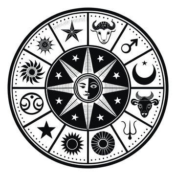 Black and white zodiac wheel illustration with astrological