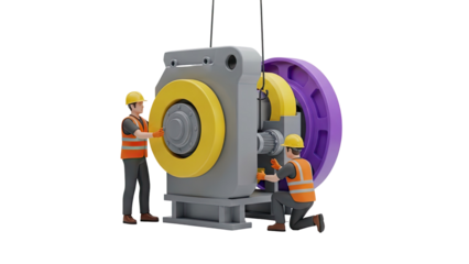 3D Construction workers assembling heavy machinery on transparent background