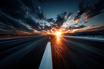 Dramatic sunset over open highway with vibrant clouds and road perspective