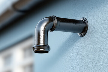 Close-up of wet metal pipe against blue wall with water droplets