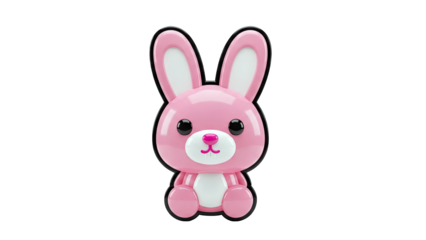 3D Cute pink bunny with big ears and a white belly on transparent background