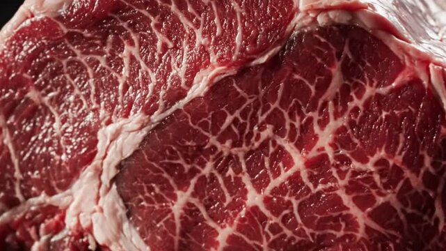 A close-up view of raw red meat showcasing its intricate texture and marbling