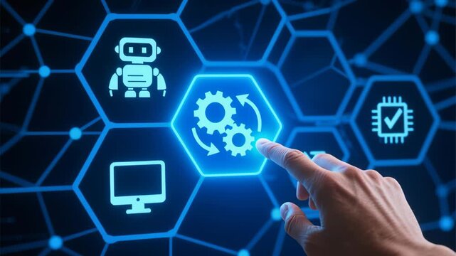 Ai agent generative, rpa transformation robotic process automation, big data, business automation, technology innovation, touch interface gear icons hand selecting automation workflow