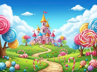 The fantasy world of a candy castle where lollipop trees and candy canes decorate the sweet landscape. Whimsical candy castle landscape