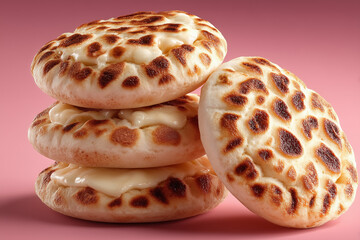 Stack of cheese-filled flatbreads with golden brown tops on pink background