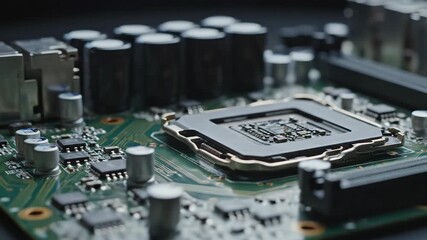 Closeup view of an empty CPU socket on a modern computer motherboard showcasing intricate electronic components circuit board traces and capacitors representing advanced digital technology and hardwa. - Powered by Adobe