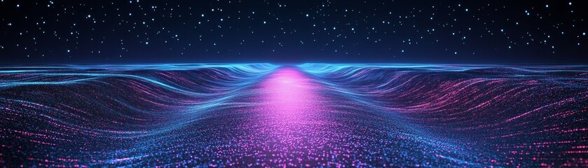 Captivating futuristic digital landscape with dynamic neon wave and abstract light energy.