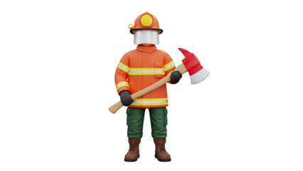 3D Firefighter Character Holding an Axe on transparent background