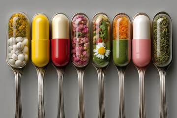 Assorted herbal supplements and pills in spoons - natural health concept