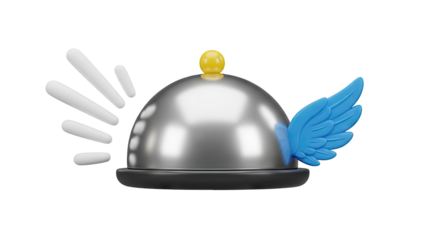 3D Flying Food Cloche with Wings and Speed Lines on transparent background