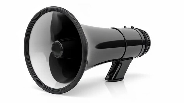 A close-up view of a black megaphone, isolated against a bright white background, ready to amplify the message.