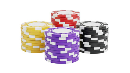 3D Four stacks of colorful casino poker chips transparent background