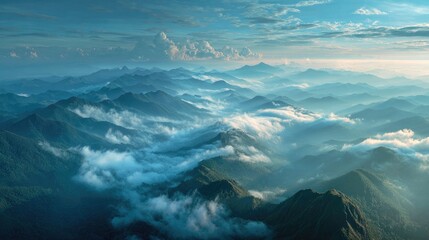 wide-angle mountain scenery floating above misty clouds 