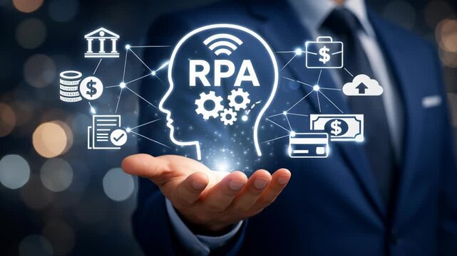 Ai agent generative, rpa transformation robotic process automation, big data, business automation, technology innovation, human hand holding hologram offering with gears financial