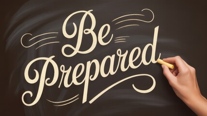 Hand writing "Be Prepared" in chalk on a blackboard.