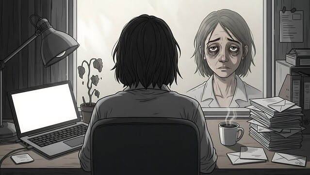 Woman sitting at desk with laptop and ghostly apparition.