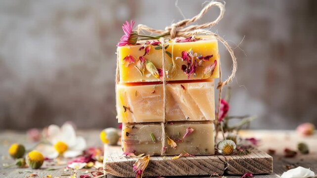 Handcrafted soap bars tied with twine, adorned dried flowers