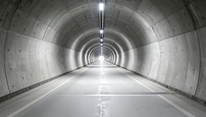 A concrete tunnel stretches into the distance, its curved ceiling lit by overhead lights. The road ahead, marked with white lines, leads towards a bright light