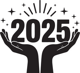 Black silhouette of hands holding the year 2025 with stars