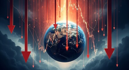 Visualizing a profound global economic recession the Earth encircled by rapidly falling financial market graphs and intense red downward arrows, symbolizing significant worldwide decline