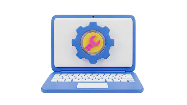 3D Laptop with gear and wrench icon for IT support or repair on transparent background - Powered by Adobe