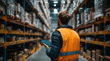 A warehouse worker in an orange vest uses a tablet to manage inventory among shelves filled with boxes.