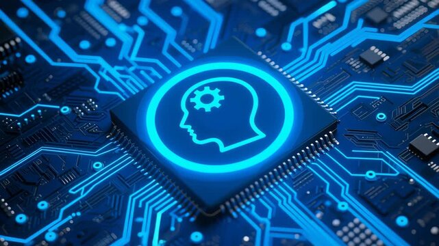 Ai agent generative, rpa transformation robotic process automation, big data, business automation, technology innovation, digital chip circuit motherboard cpu neural gear head blue glow