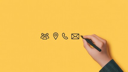 Hand using stylus to draw contact icons including people, location, phone and email on a yellow background.