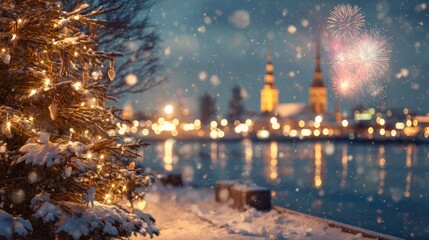 A serene winter scene with a decorated Christmas tree, snowflakes falling, and fireworks illuminating the night sky over a city waterfront.