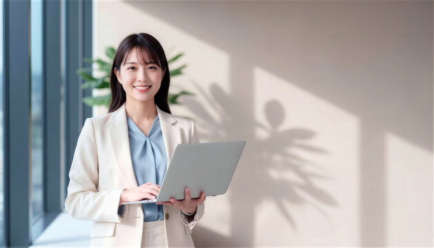 オフィスでパソコンを手に微笑むジャケット姿の女性