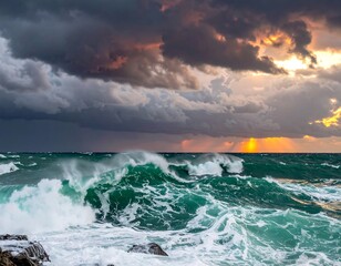 Dramatic view of ocean waves crashing beneath a storm cloud sky