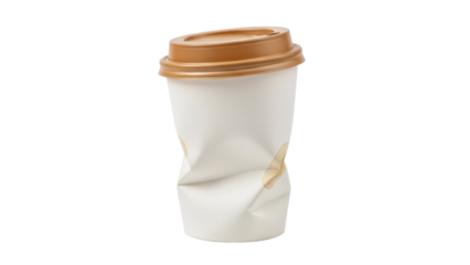 Crushed disposable paper coffee cup with brown plastic lid isolated on transparent background