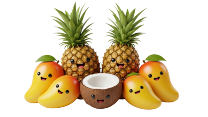 Cute tropical fruit characters two pineapples, three mangoes, and a smiling half coconut isolated on transparent background